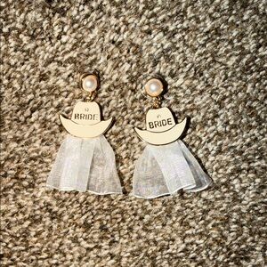 Bride Cowboy Hat Tassel Drop Earrings - Pearl & White